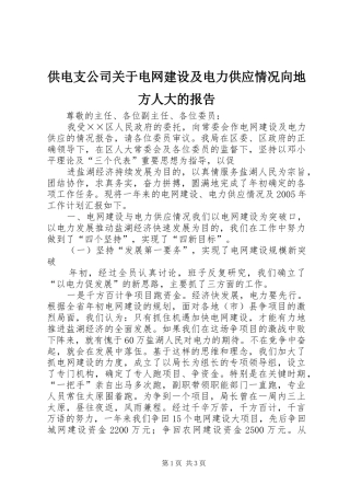 供电支公司关于电网建设及电力供应情况向地方人大的报告 