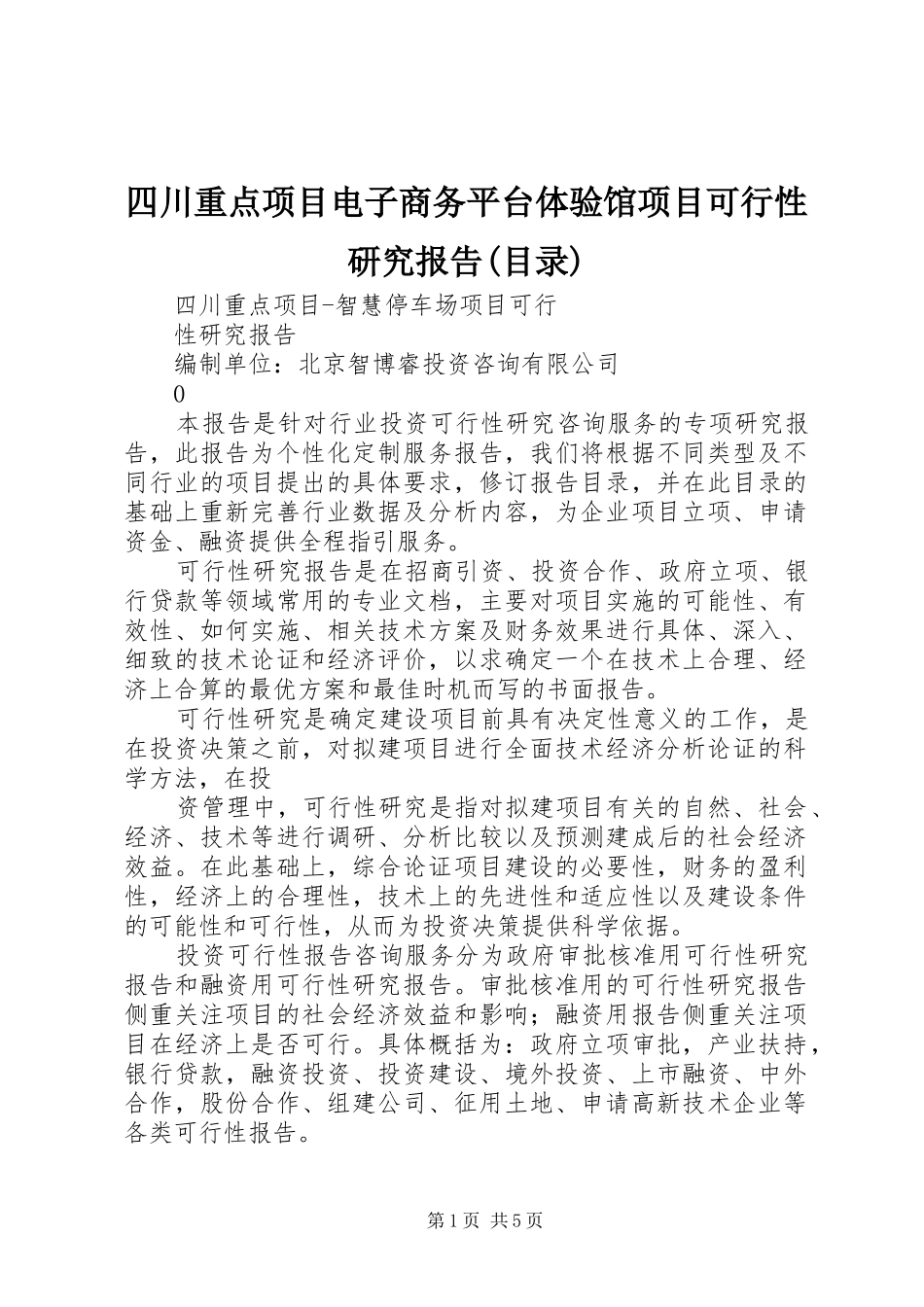 四川重点项目电子商务平台体验馆项目可行性研究报告(目录) _第1页