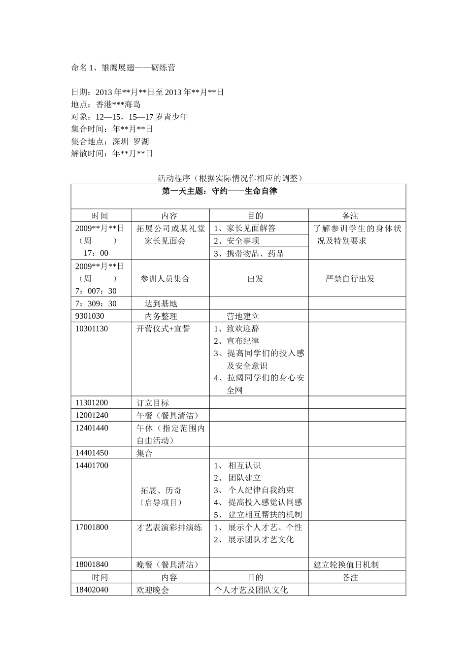 雏鹰展翅——砺练营，夏令营行程方案_第1页
