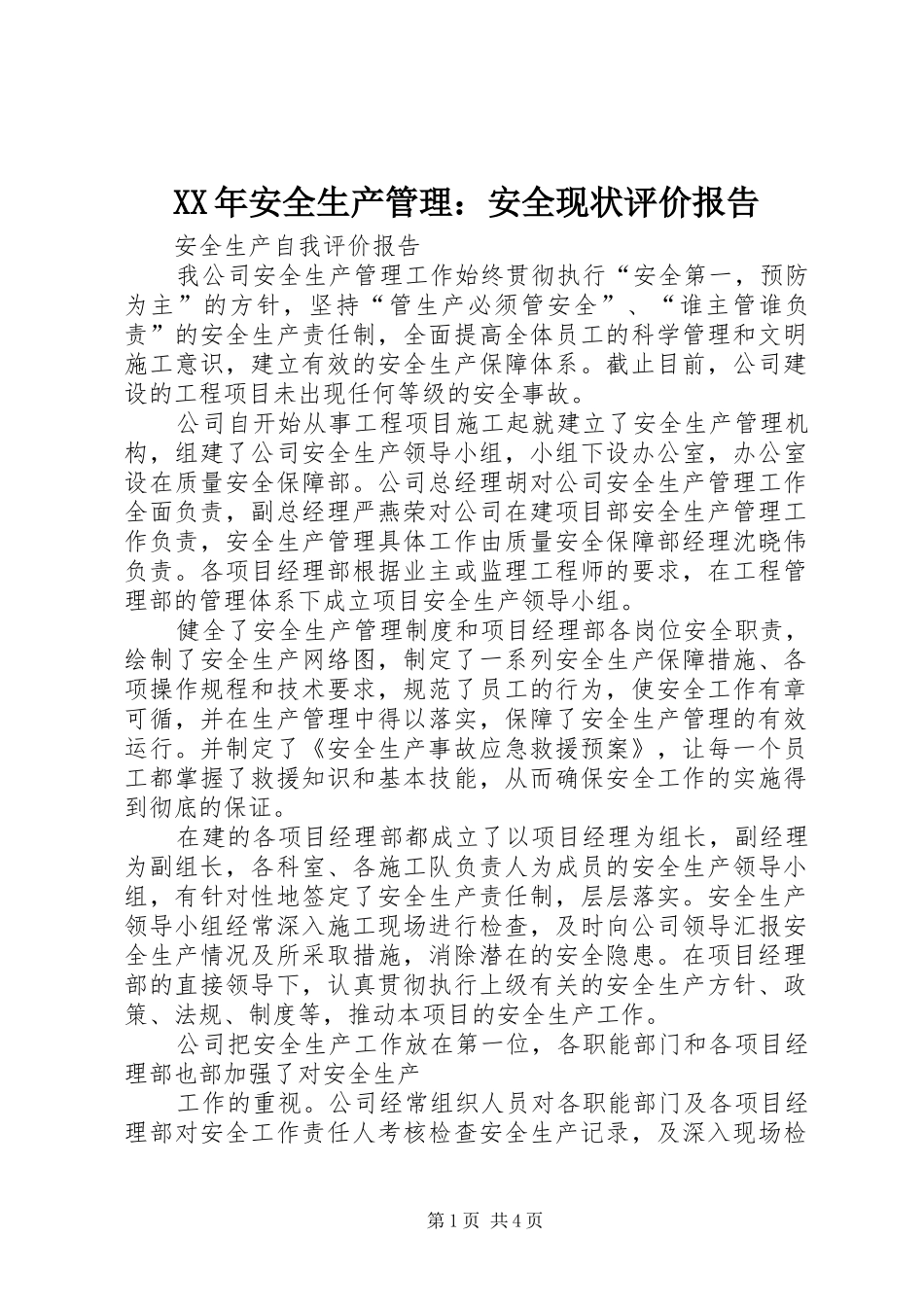 XX年安全生产管理：安全现状评价报告 _第1页