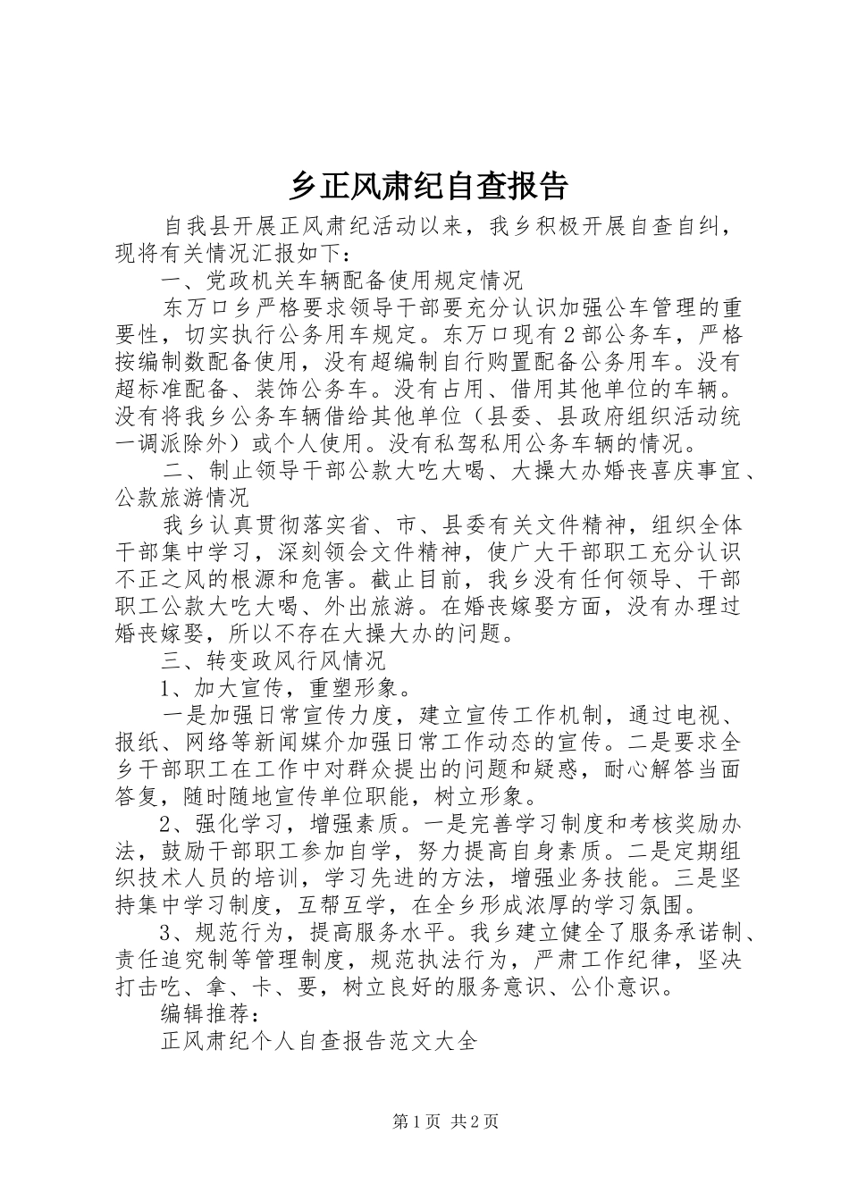 乡正风肃纪自查报告 _第1页