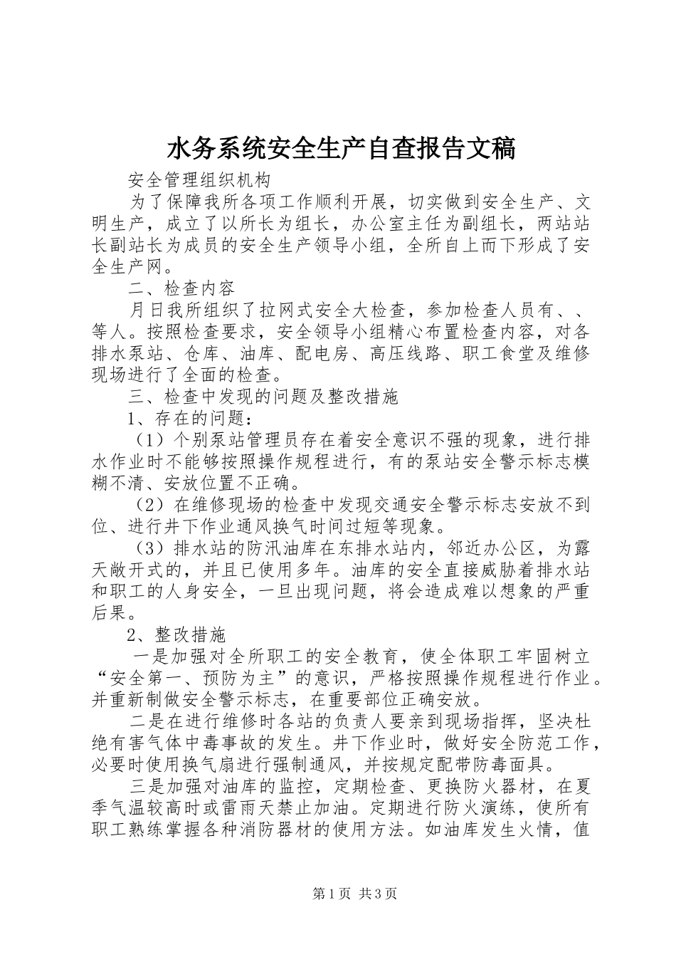 水务系统安全生产自查报告文稿 _第1页