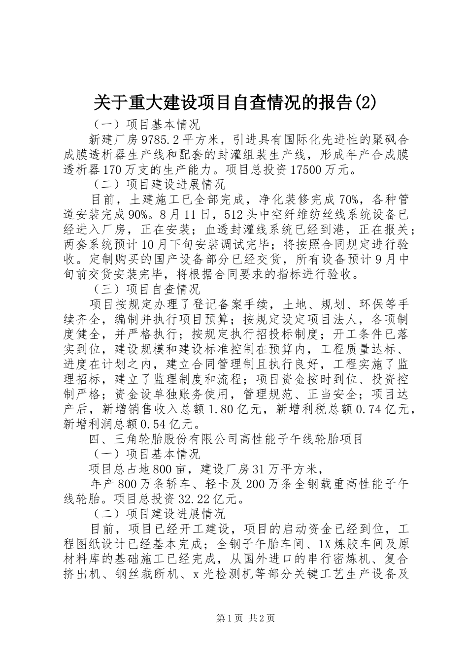 关于重大建设项目自查情况的报告_第1页