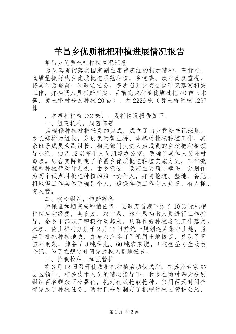 羊昌乡优质枇杷种植进展情况报告 _第1页