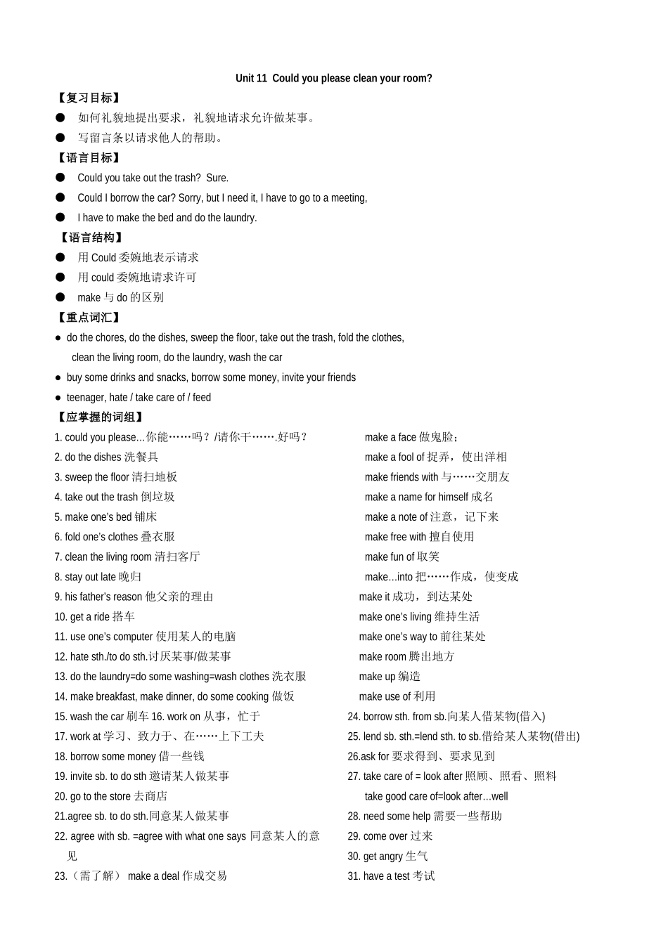 unit 11《could you please clean your room》复习提纲（人教新目标八年级上）doc--初中英语 _第1页