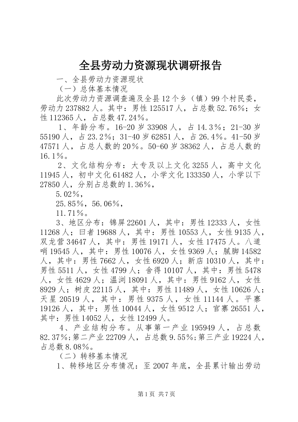全县劳动力资源现状调研报告 _第1页