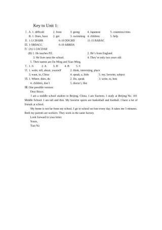 Unit 1 Where is your pen pal from  同步测试 （人教新目标七年级下）-key to unit 1doc--初中英语 