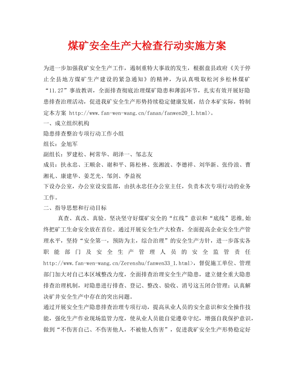 《安全管理文档》之煤矿安全生产大检查行动实施方案 _第1页