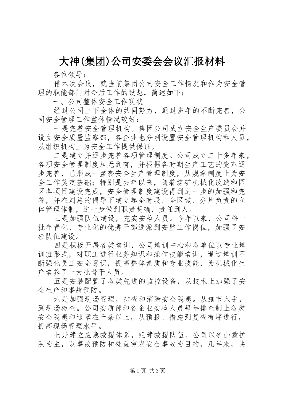 大神(集团)公司安委会会议汇报材料 _第1页