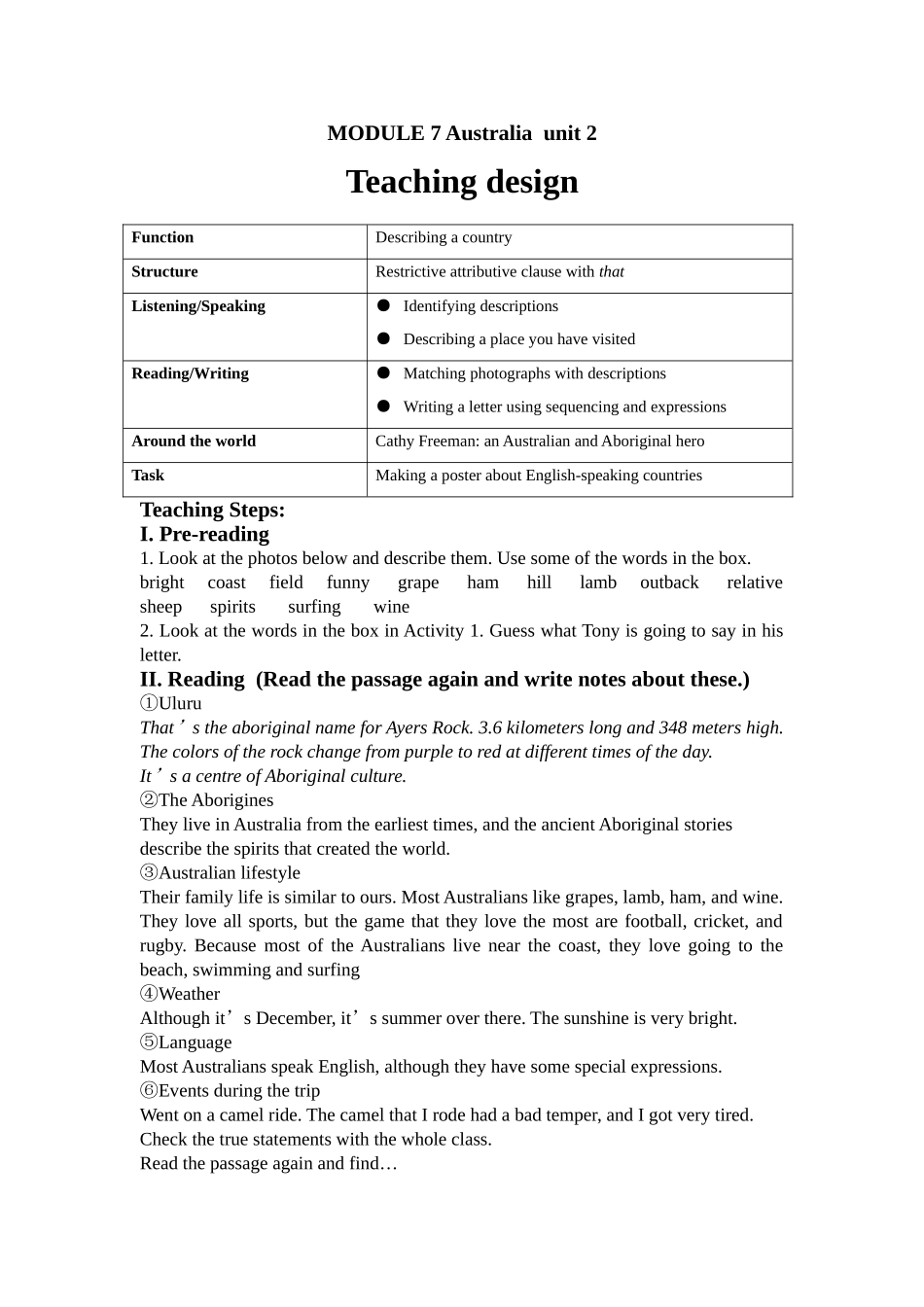 module 7《australia》unit 2 the camel that i rode had a bad temper 教案（外研版九年级上）doc--初中英语 _第1页