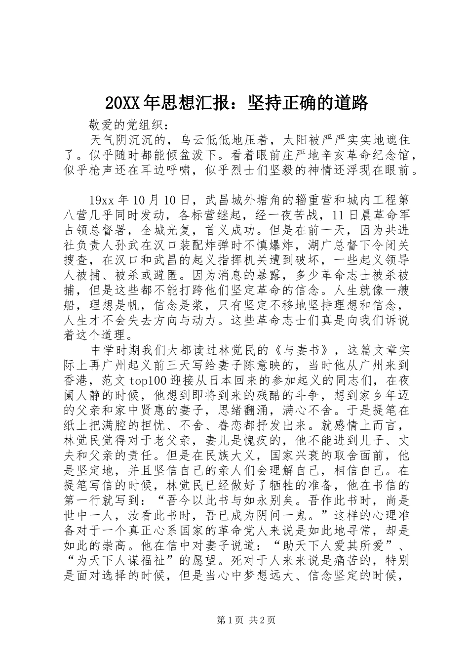 20XX年思想汇报：坚持正确的道路_第1页
