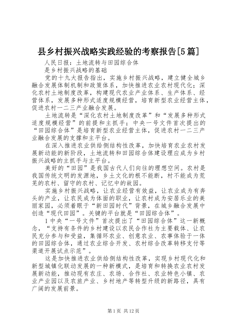 县乡村振兴战略实践经验的考察报告[5篇] _第1页
