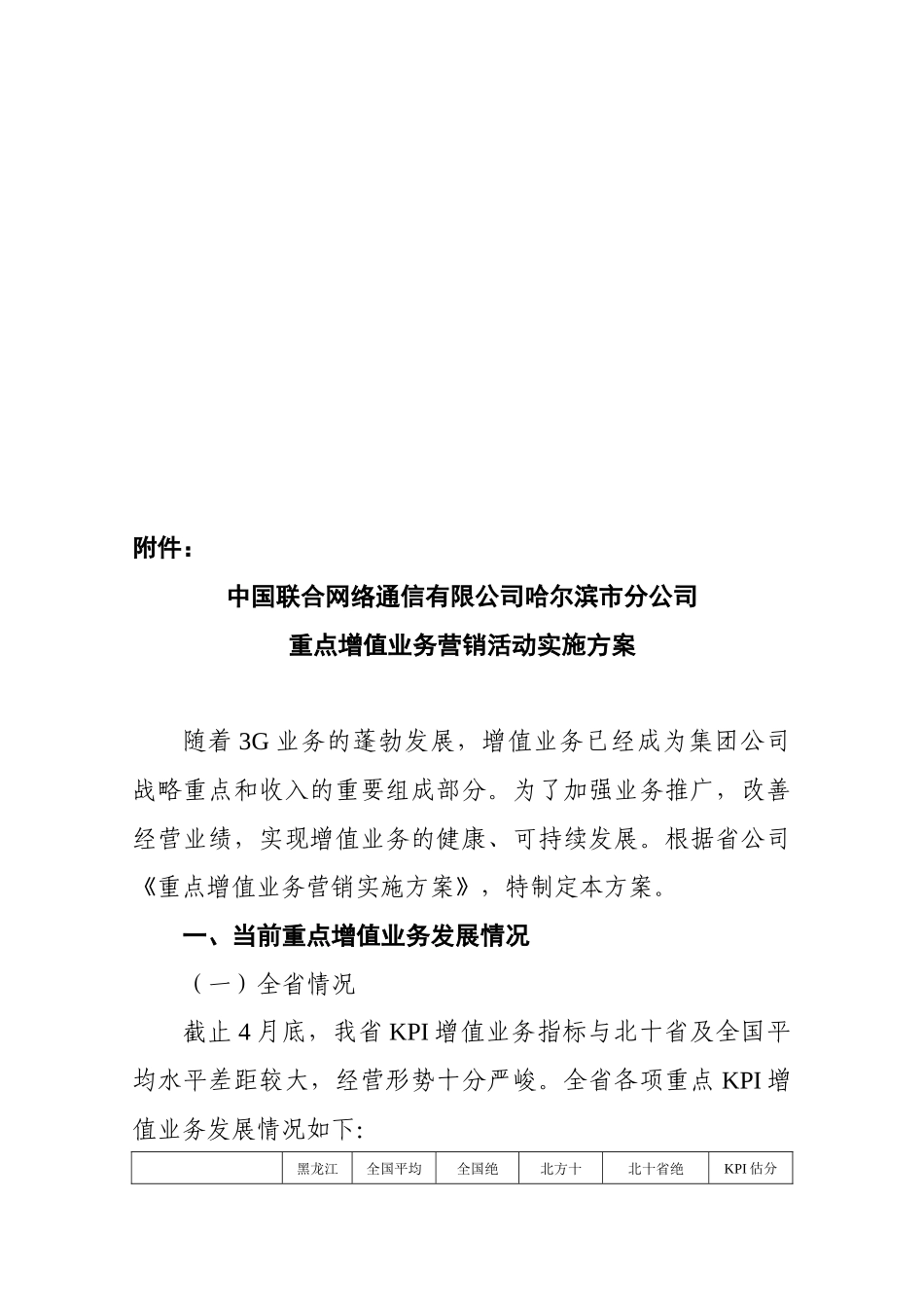 哈尔滨联通重点增值业务营销活动实施方案_第1页