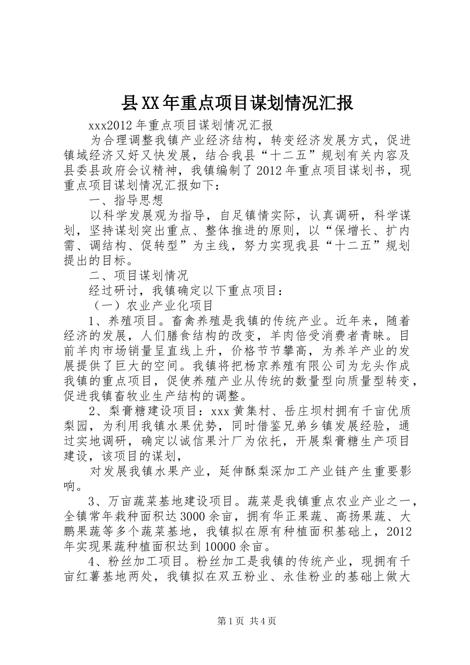县XX年重点项目谋划情况汇报 _第1页