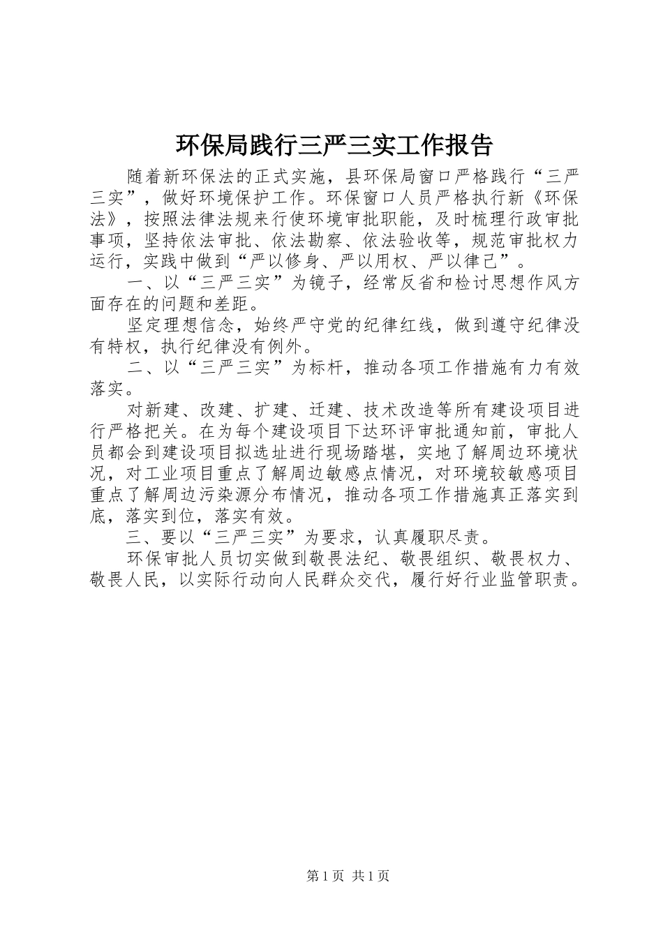 环保局践行三严三实工作报告 _第1页