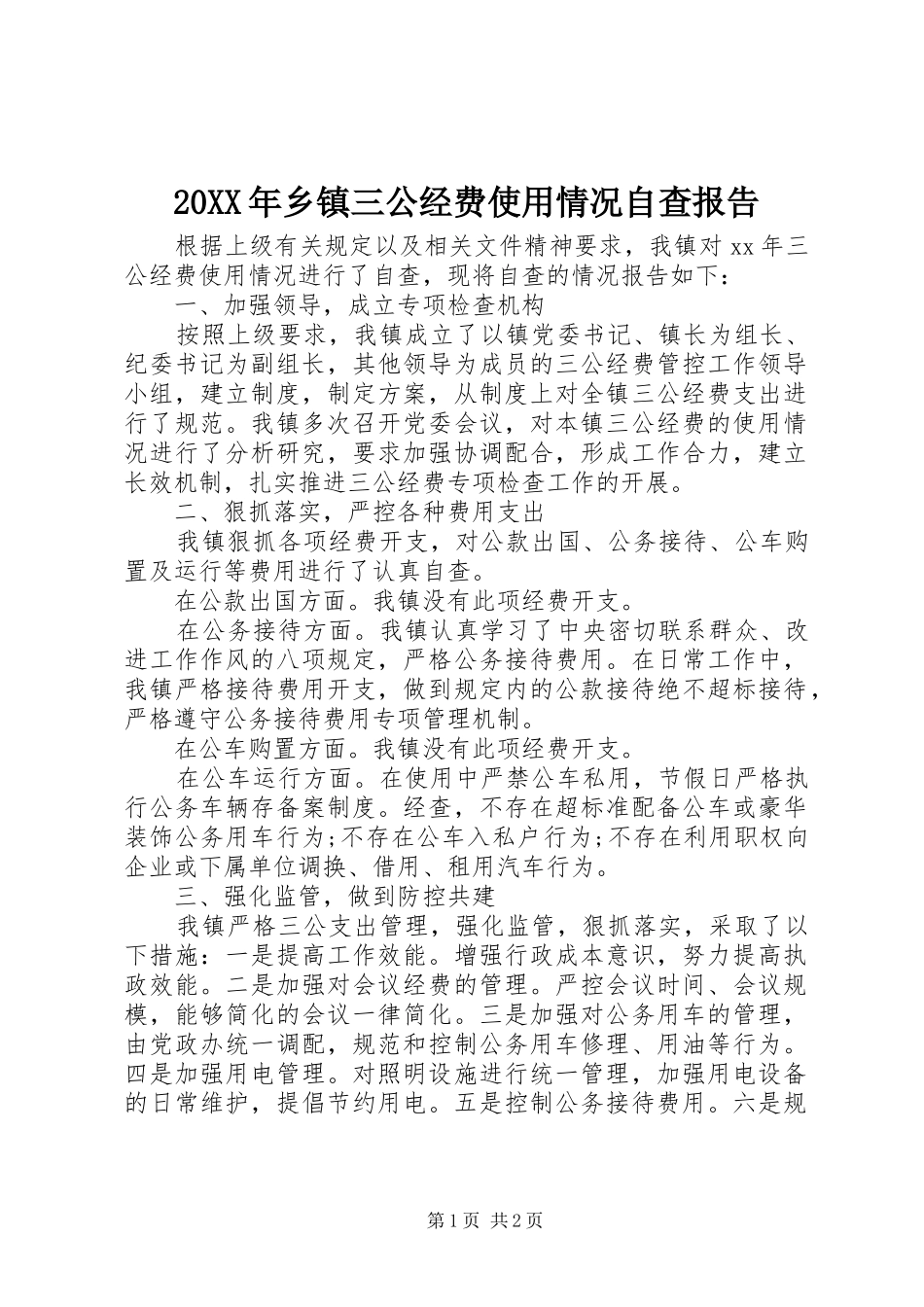 20XX年乡镇三公经费使用情况自查报告_第1页