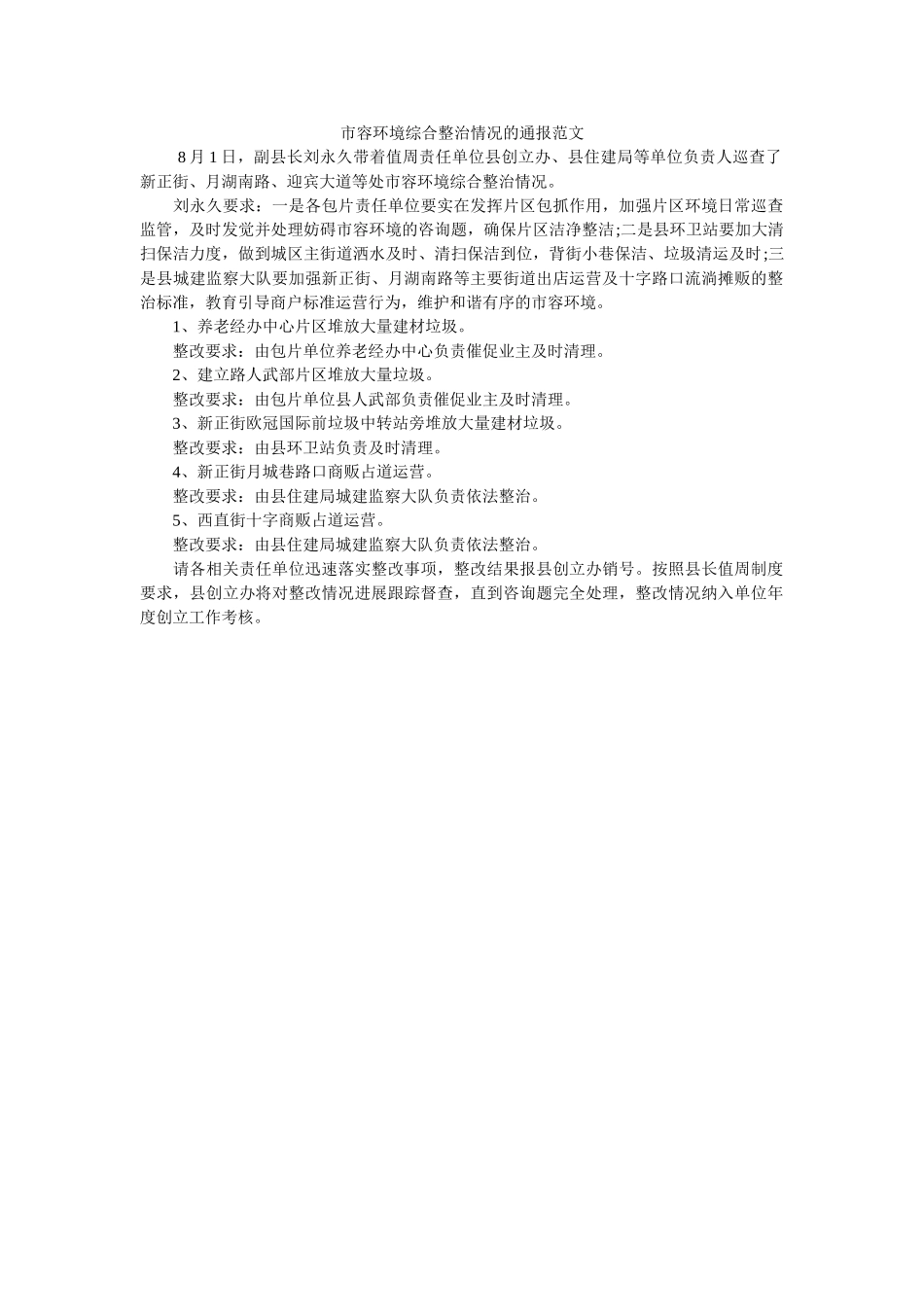 市容环ۥ境综合整治情况的通报范文 _第1页