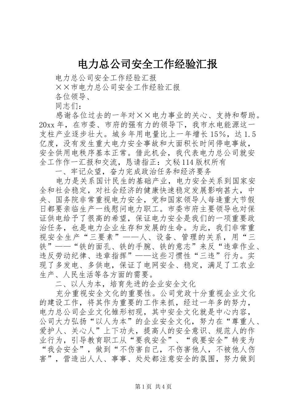 电力总公司安全工作经验汇报 _第1页