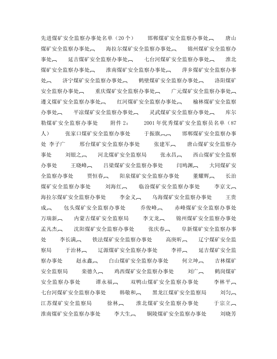《安全管理》之关于表彰2001年先进煤矿安全监察办事处和优秀煤矿安全监察员的决定 _第2页