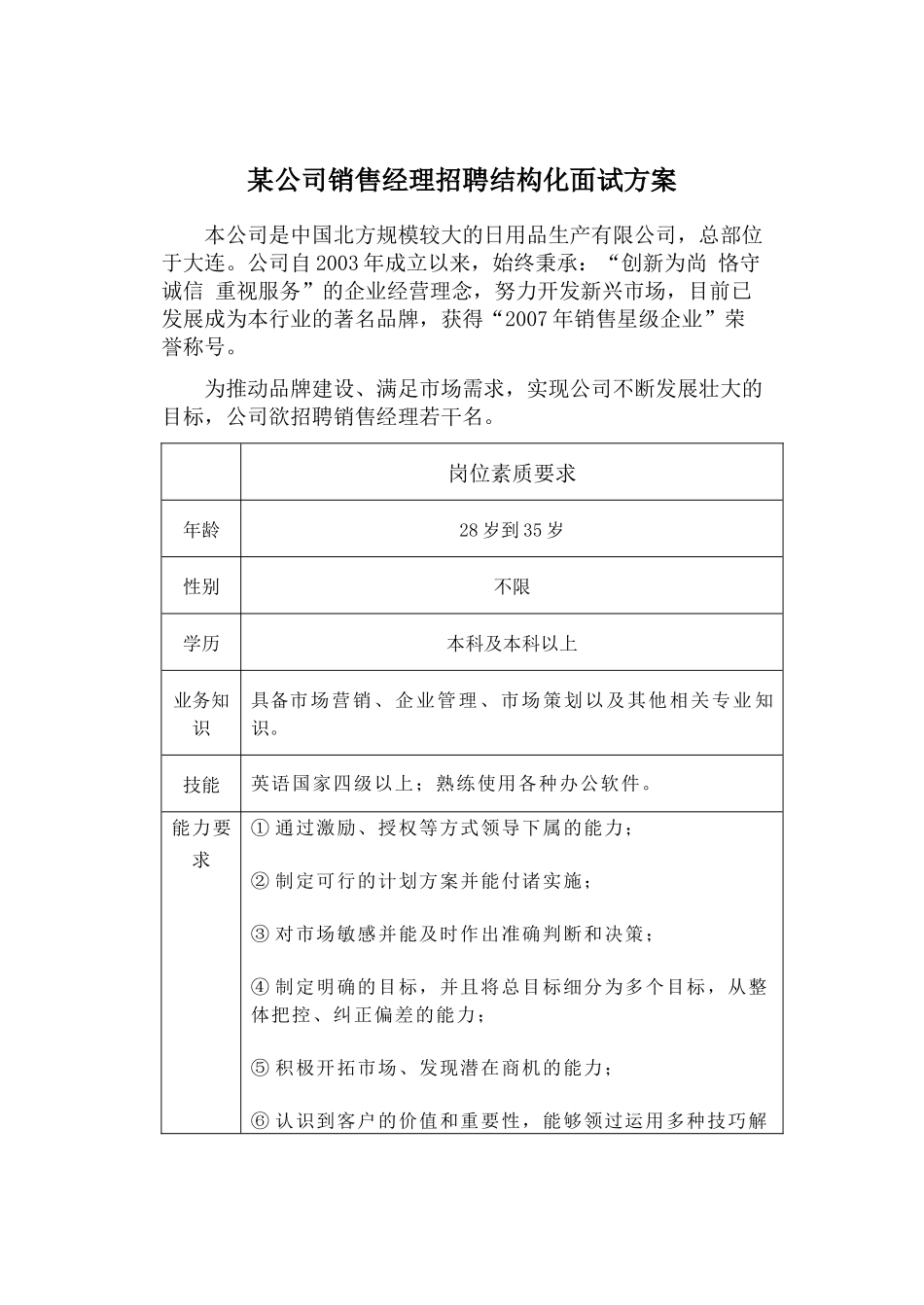 《面试技术模拟》资料：销售经理结构化面试设计_第1页