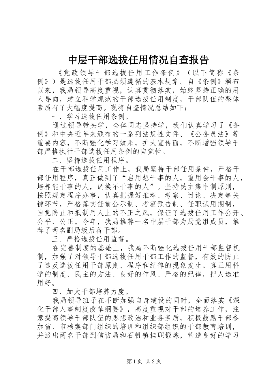 中层干部选拔任用情况自查报告 _第1页