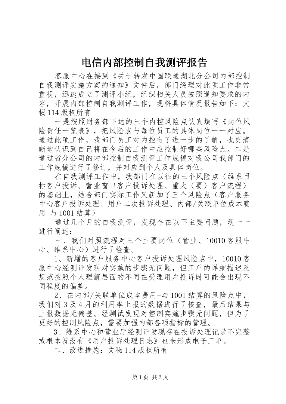电信内部控制自我测评报告 _第1页