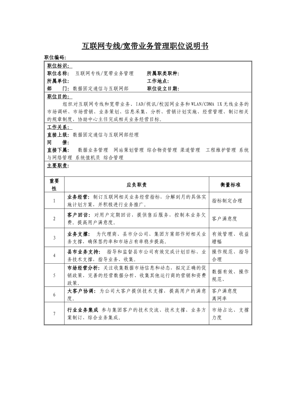 互联网专线.宽带业务管理岗位说明书_第1页