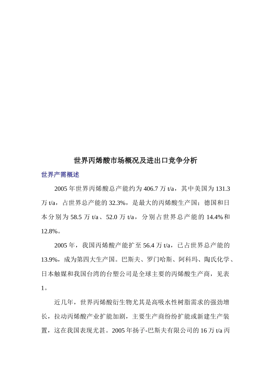世界丙烯酸市场概况及其进出口竞争分析_第1页