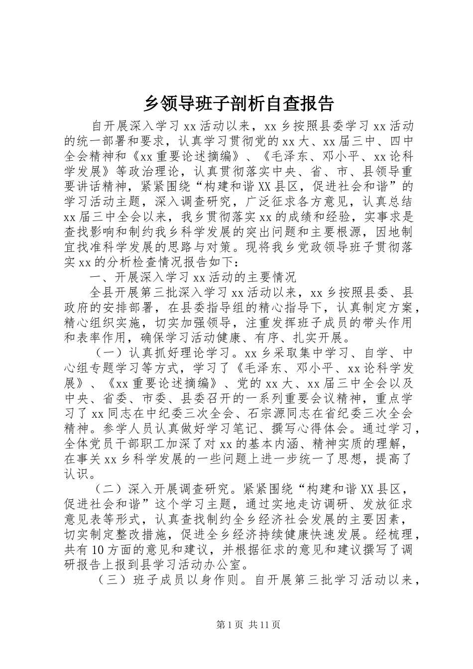 乡领导班子剖析自查报告 _第1页