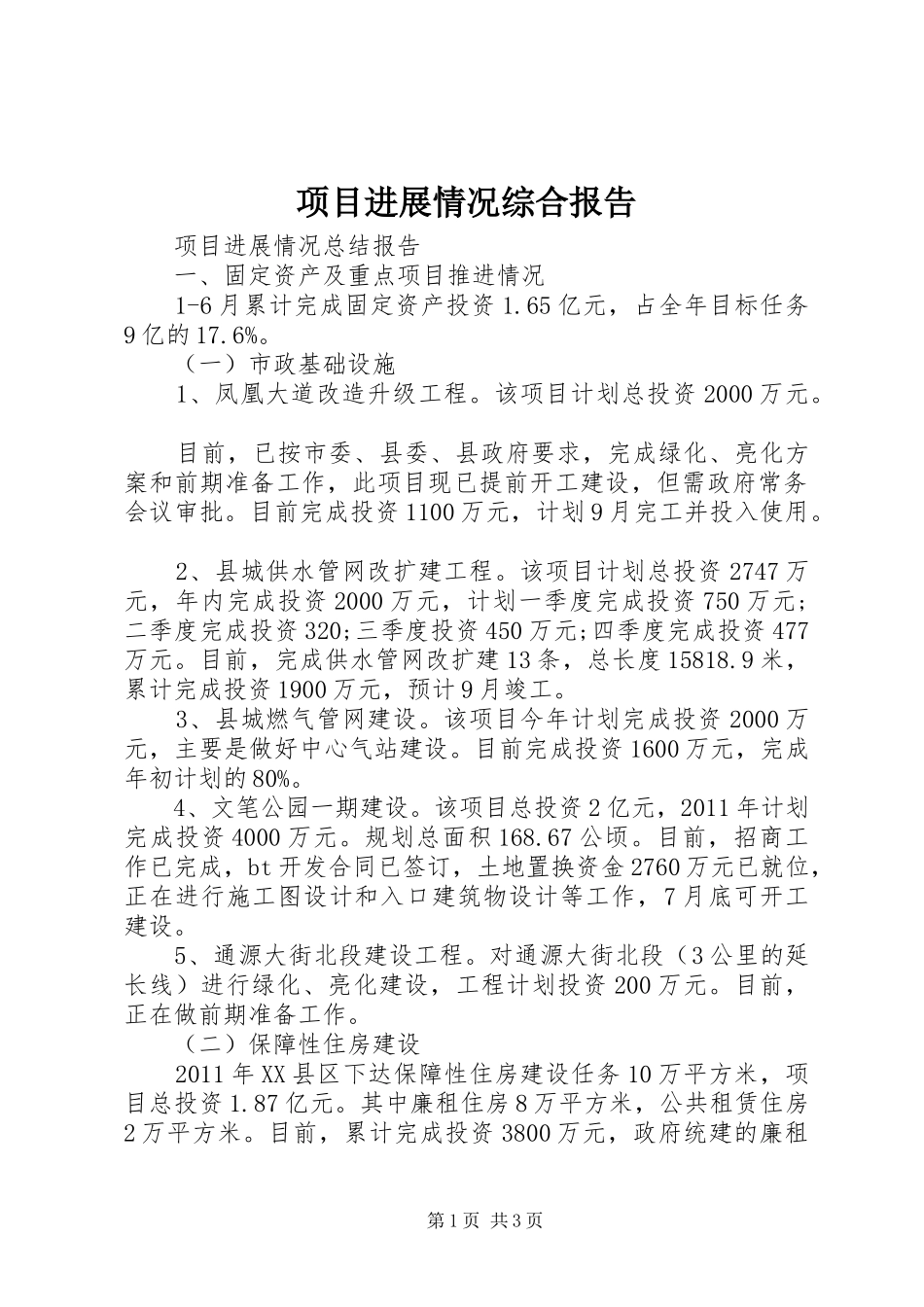 项目进展情况综合报告 _第1页
