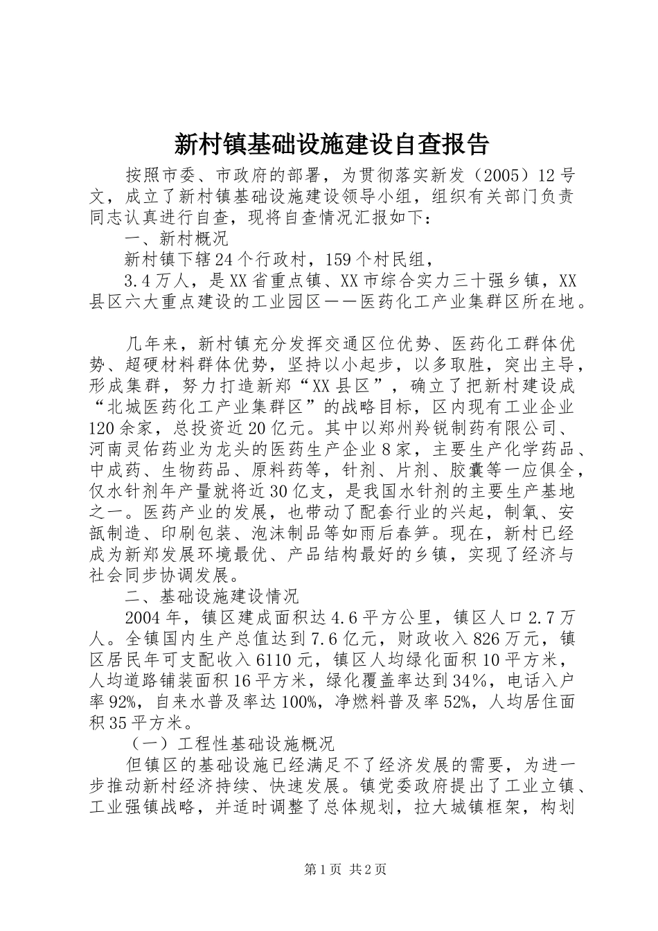 新村镇基础设施建设自查报告 _第1页
