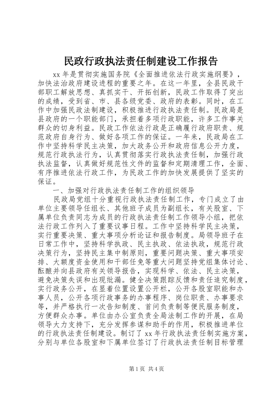 民政行政执法责任制建设工作报告 _第1页