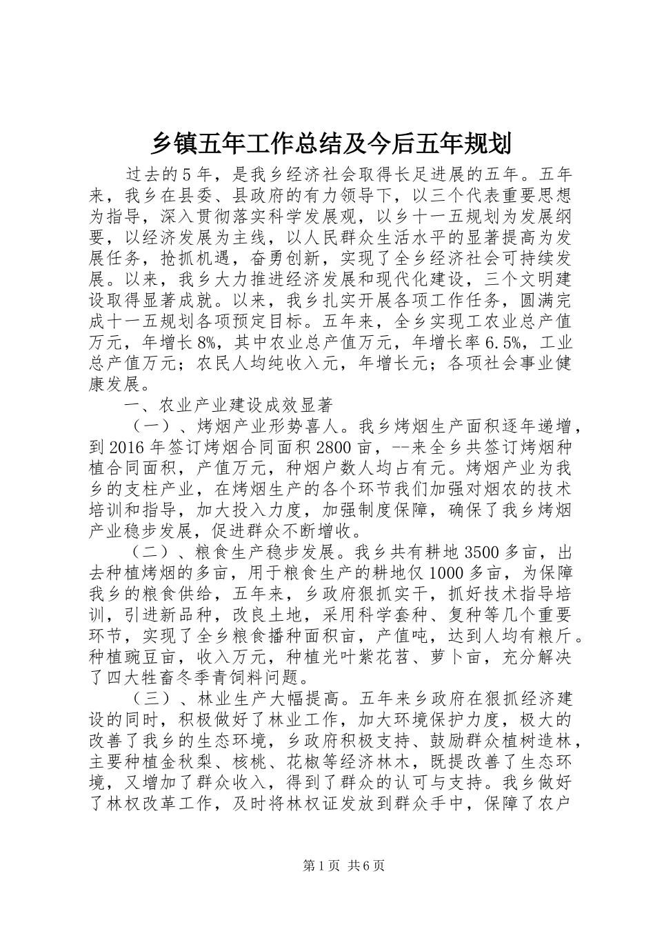 乡镇五年工作总结及今后五年规划_第1页