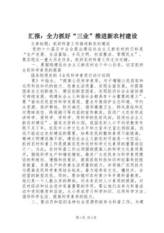 汇报：全力抓好“三业”推进新农村建设 