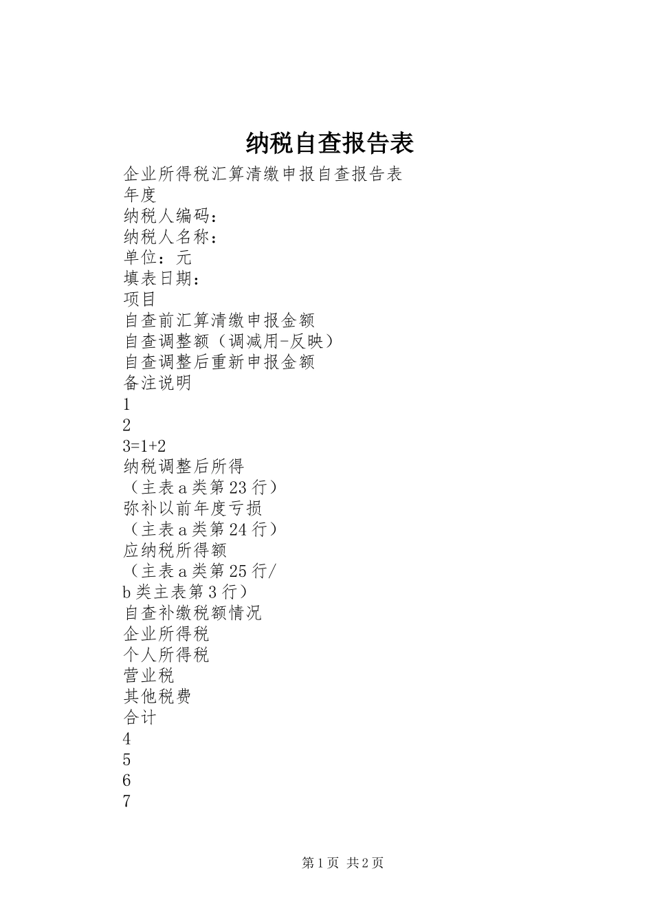 纳税自查报告表 _第1页
