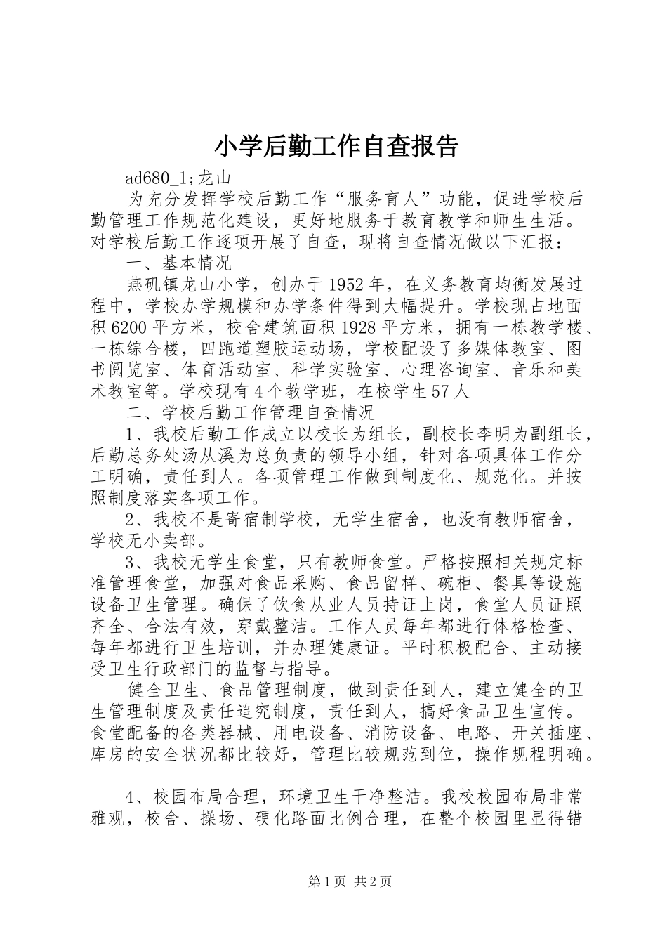 小学后勤工作自查报告 _第1页