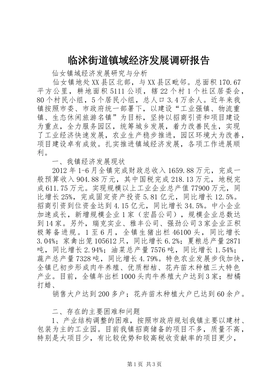 临沭街道镇域经济发展调研报告 _第1页
