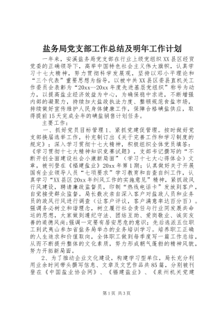 盐务局党支部工作总结及明年工作计划