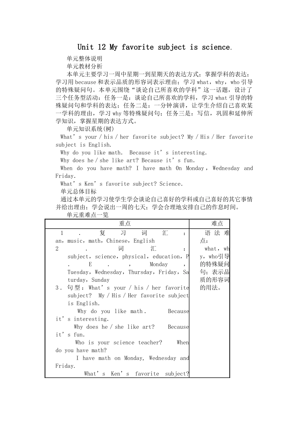 unit 12 my favorite subject is science教案5（人教新目标七年级上）doc--初中英语 _第1页