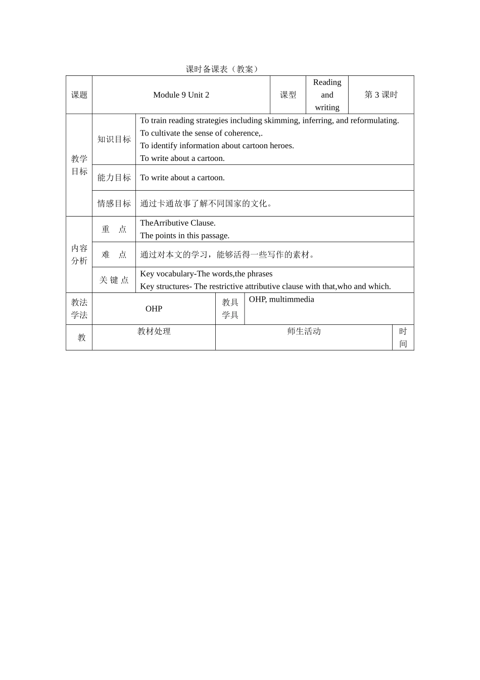 module 9《cartoon stories》unit 2 教案（外研版九年级上）doc--初中英语 _第1页