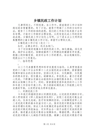 乡镇民政工作计划