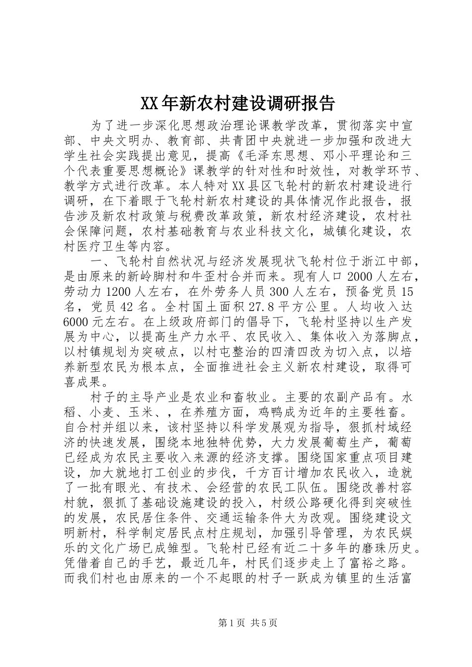 XX年新农村建设调研报告 _第1页