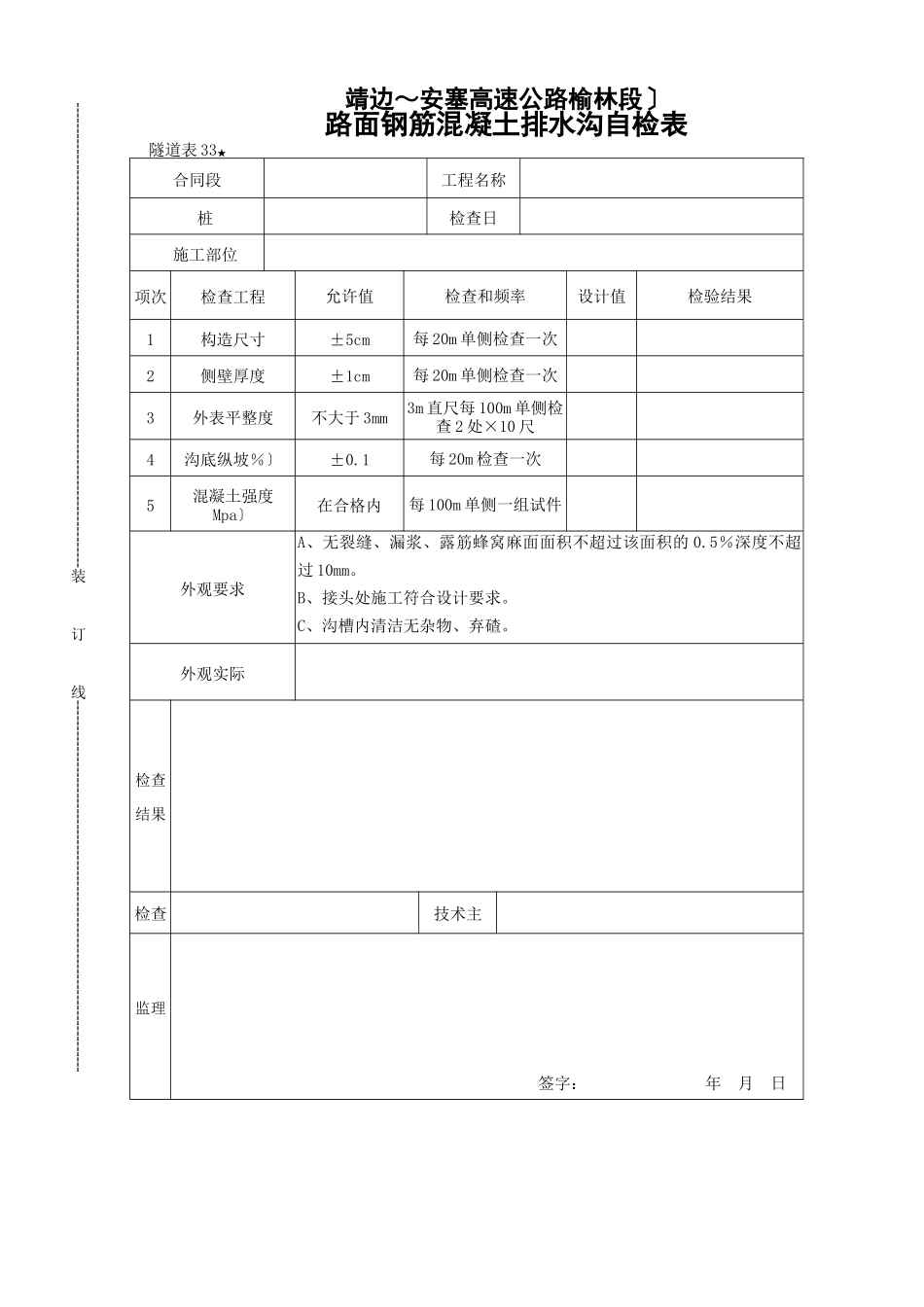 路面钢筋混凝土排水沟自检表_第1页