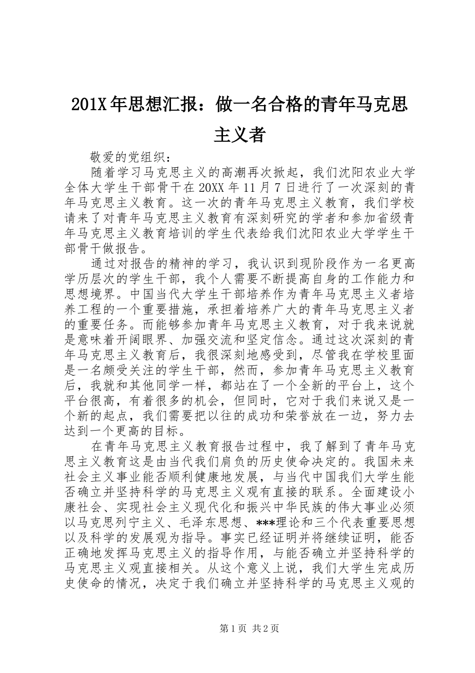 201X年思想汇报：做一名合格的青年马克思主义者_第1页