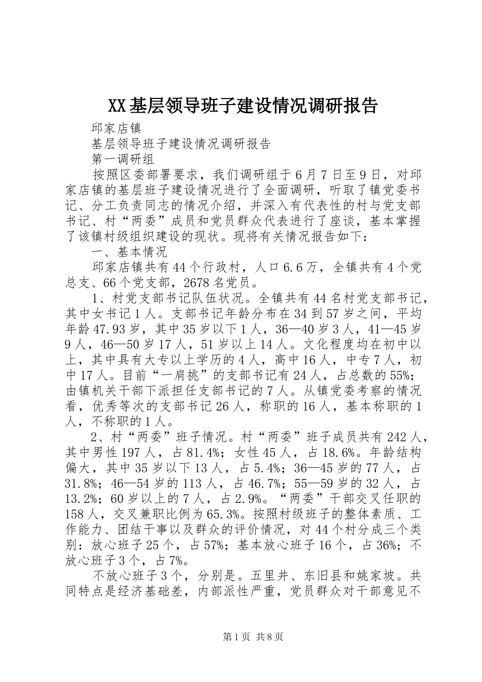 XX基层领导班子建设情况调研报告 _第1页