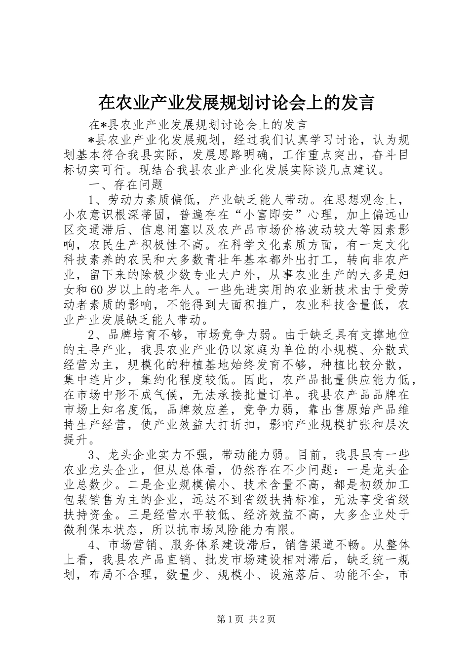 在农业产业发展规划讨论会上的发言_第1页