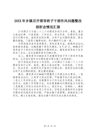 20XX年乡镇召开领导班子干部作风问题整改剖析会情况汇报