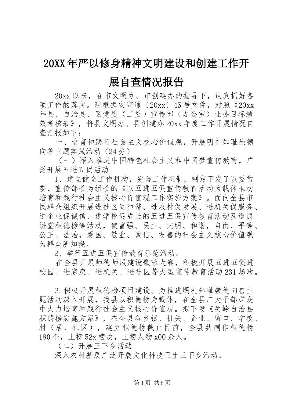 20XX年严以修身精神文明建设和创建工作开展自查情况报告_第1页