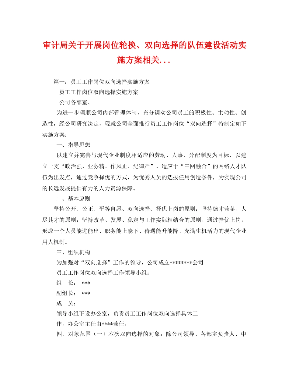 审计局关于开展岗位轮换、双向选择的队伍建设活动实施方案相关 _第1页