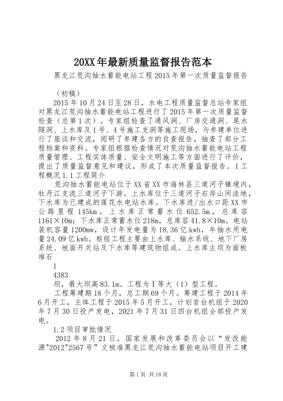 20XX年最新质量监督报告范本 _第1页